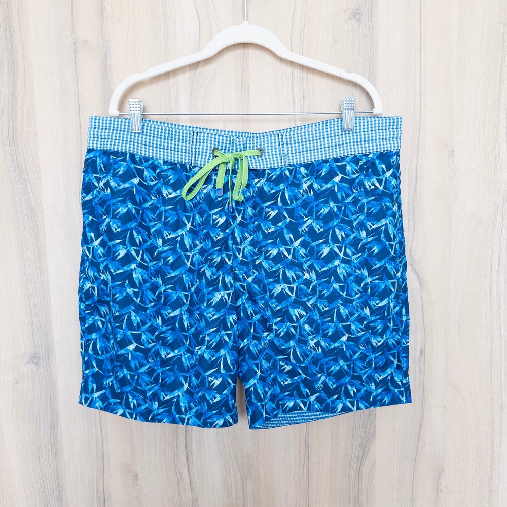 Robert Graham Mens Swim Trunks 36 Blue Leaf Print Gingham Waist Board Shorts